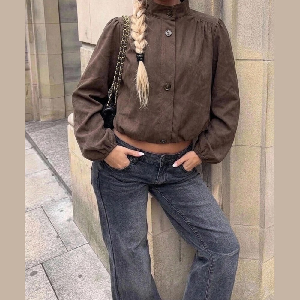 Brown Faux Suede Button Front Balloon Sleeve Cropped Blouson Jacket